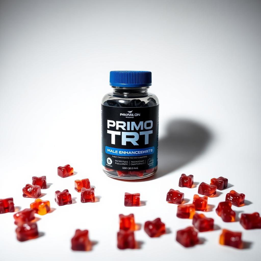 Primo TRT Male Enhancement Gummies bottle with red gummies